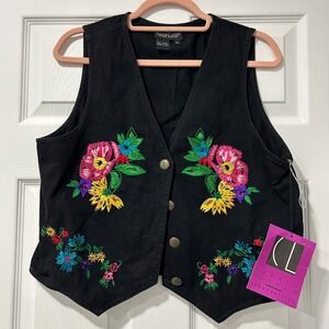 NWT Carole Little Medium Folk‎ Art-to-Wear Floral Black Jean Vest Jacket